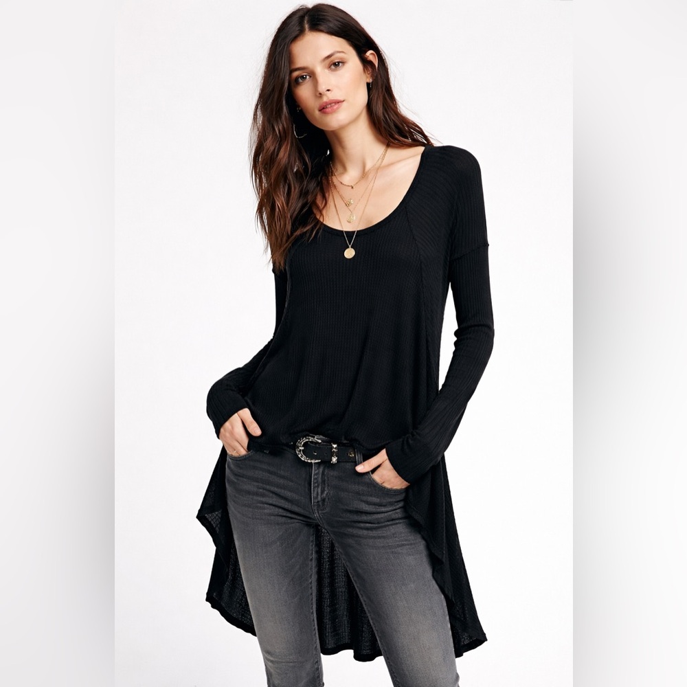 Free People Ventura Black Thermal Hi-Low Tunic Top Boho Dark Academia Layering